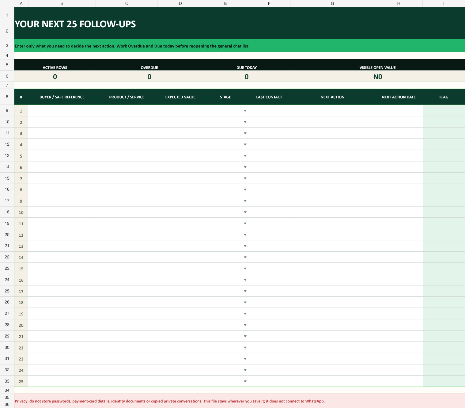 Preview of the 25-row WhatsApp Follow-Up Tracker Lite workbook